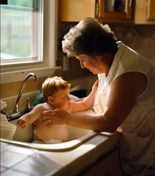 People Are Being Triggered When Babies Get A Bath In The Kitchen Sink