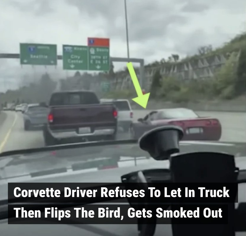 Corvette Driver Refuses To Let In Truck Then Flips The Bird, Gets Smoked Out